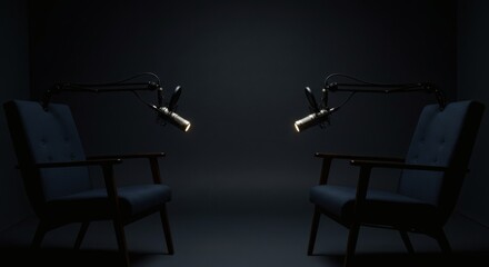 two chairs and microphones in podcast or interview room on dark background