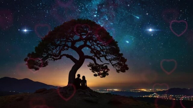 Romantic silhouette of a couple sitting under a lone tree on a mountaintop, gazing at the breathtaking star-filled night sky.