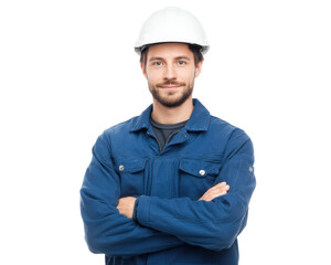 Confident caucasian male engineer in blue uniform with hard hat, cut out