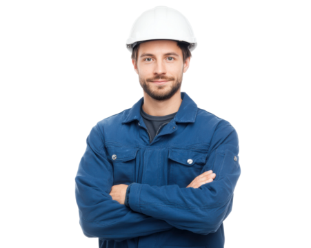 Confident caucasian male engineer in blue uniform with hard hat, cut out - Powered by Adobe