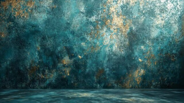 Teal and gold textured wall background with a dark floor
