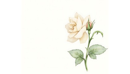 Delicate Ivory Rose with Bud Watercolor Illustration