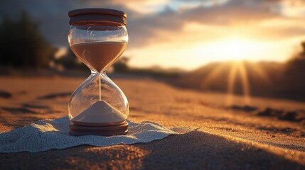 Close-up of an hourglass placed on textured cloth in sandy landscape with warm golden sunlight and blurred background, evoking passage of time and calmness