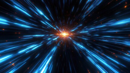 Naklejka premium Bright glowing orange core radiating vibrant blue streaks of light creating a dynamic tunnel effect in space