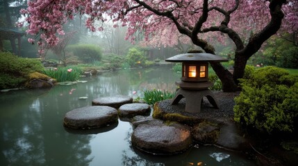 Naklejka premium Zen landscape with serenity and tranquility in pond concept. Serene garden scene with blooming trees and peaceful water.