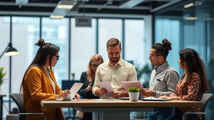 A diverse team of young professionals collaborates on paperwork du a productive meeting in a modern office environment.