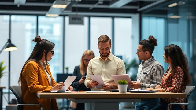 A diverse team of young professionals collaborates on paperwork du a productive meeting in a modern office environment. - Powered by Adobe