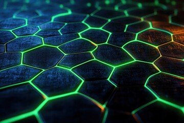 Close-up of dark hexagonal tiles with glowing green edges creating a futuristic and high-tech pattern with a sense of depth and complexity