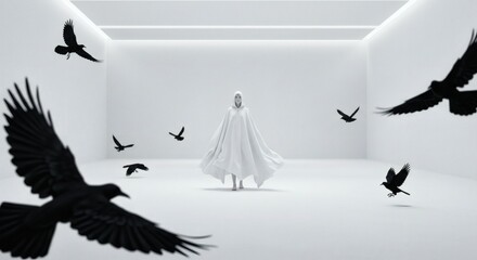 white humanoid dressed in white cloak in white room with various black birds