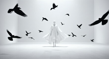 white humanoid dressed in white cloak in white room with various black birds