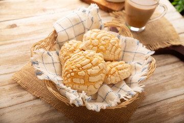 Conchas. Mexican sweet bread roll with seashell-like appearance, Usually eaten with coffee or hot chocolate at breakfast or as an afternoon snack.