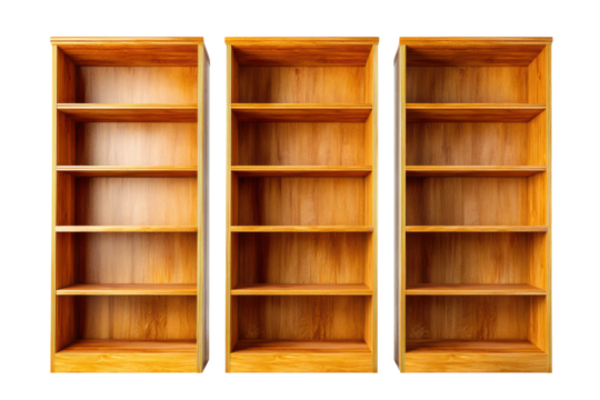 Three wooden bookshelves with five shelves each on white background, cut out