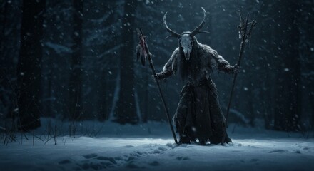 Wendigo mythical monster in scary winter forest.
