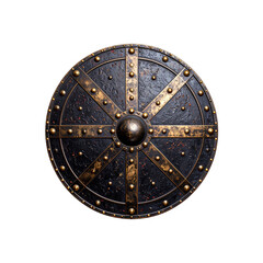 Ancient bronze and black metal round shield design art on transparent background
