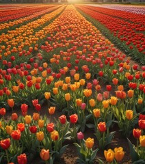Golden sunlight bathes a field of colorful tulips ,  flowers,  sunlight