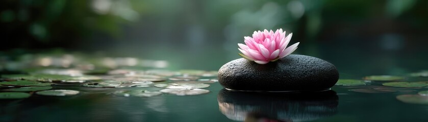 Zen landscape with serenity and tranquility in pond concept. A serene water lily blooms atop a tranquil stone in a pond.