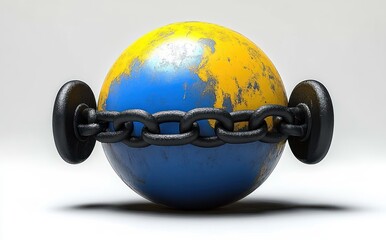 rusted globe painted blue and yellow with a heavy iron chain locked around its center symbolizing constraint or captivity