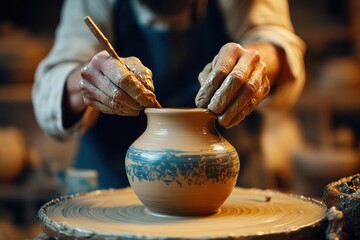 Close-up of hands sculpting and painting a ceramic pot on a rotating pottery wheel