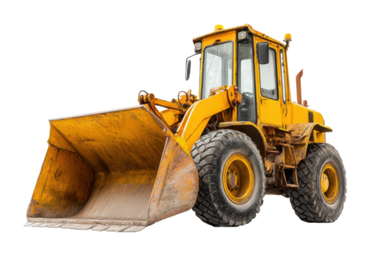 Yellow heavy construction bulldozer with front loader bucket on isolated background, cut out