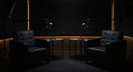 two chairs and microphones in podcast or interview room on dark background