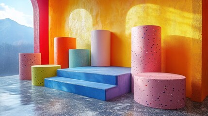 Colorful Abstract Steps and Cylinders Studio Set Against Vibrant Yellow Wall