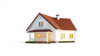 Fototapeta premium A charming two-story house with a red tile roof and a cozy front porch sits on a white background.