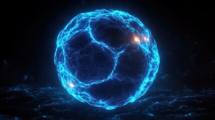 Glowing blue spherical energy field with interconnected electric-like strands and small bright flares on a dark cosmic background