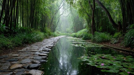Obraz premium Bamboo forest for peaceful meditation and harmony concept. Serene bamboo forest with a tranquil waterway reflecting nature.