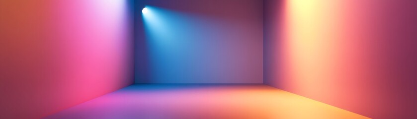Empty room illuminated by colorful spotlights.