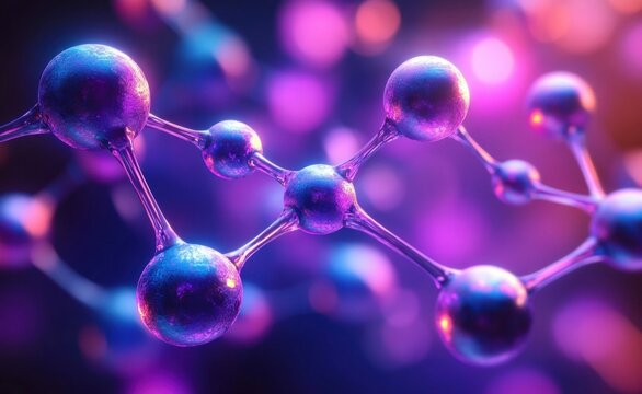 Close-up of interconnected glossy molecular spheres connected by thin rods with glowing purple and pink lighting effects creating a futuristic scientific atmosphere