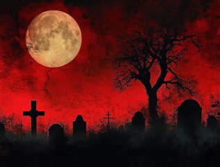 Eerie graveyard scene with silhouetted tombstones and a barren tree under a large glowing full moon against a blood-red sky, creating a spooky and haunting atmosphere