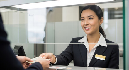 A female bank teller serves a customer in a friendly manner.