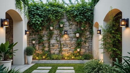 Fototapeta premium Clean Lines, Garden Lights, and Stone Wall Design