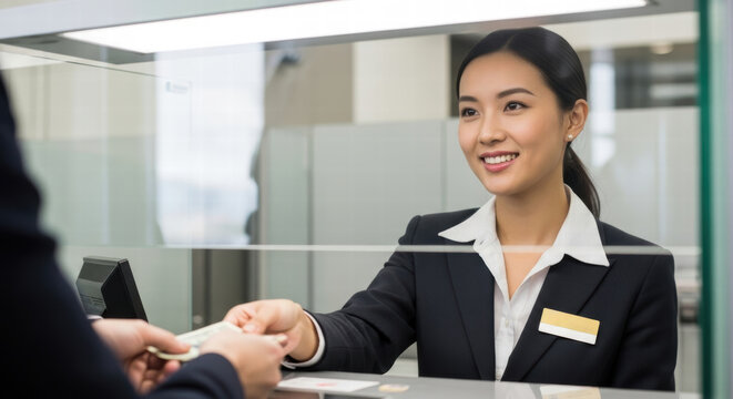 A female bank teller serves a customer in a friendly manner.