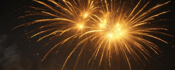 Intense yellow fireworks bloom, wide angle captures blazing embers,  sky,  glow
