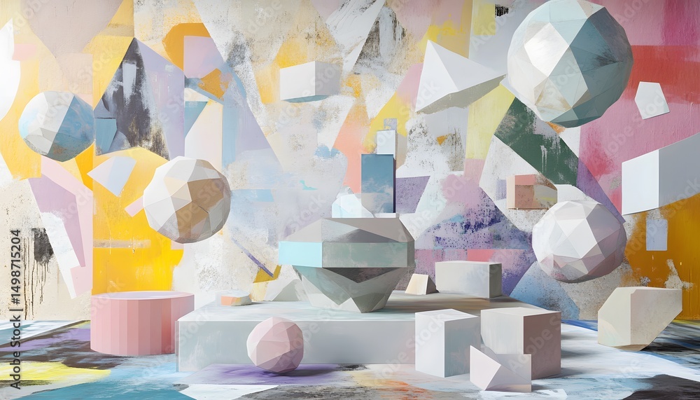 Poster abstract geometric shapes displayed in a colorful setting.
