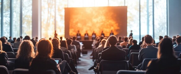 Audience attentively listening to a panel of speakers in a modern conference room with large windows and bright natural light creating a warm atmosphere