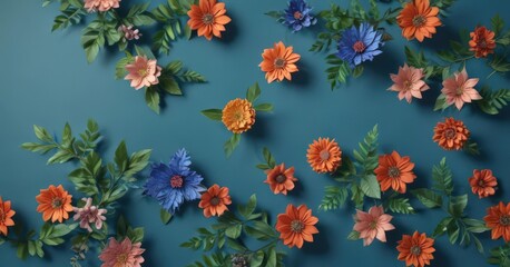 Overhead vibrant paper flowers, green leaves, blue backdrop, floral design, craft project