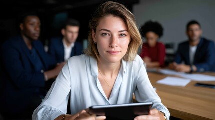 Confident businesswoman in modern office using tablet with team members in background focused on collaboration and productivity