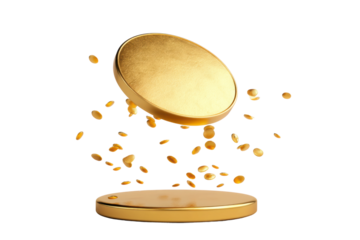 Floating golden disk with falling coins on black background, cut out