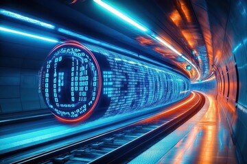 Futuristic tunnel with glowing digital binary code surrounding a rounded cylindrical shape moving along train tracks, illuminated with blue and orange neon lights