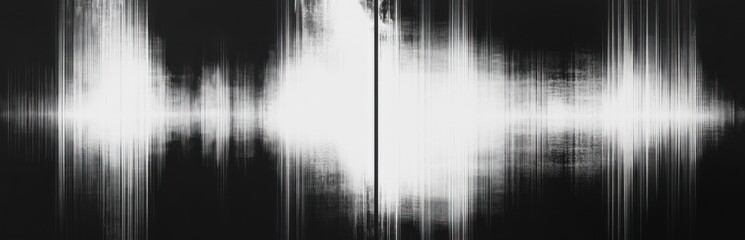 Abstract black and white digital waveform with vertical lines and gradient intensity creating a symmetrical pattern