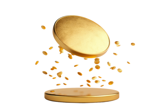Floating golden disk with falling coins on black background, cut out