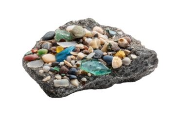 Colorful pebbles and sea glass on rocky surface, cut out