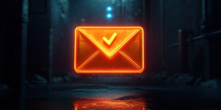 Glowing neon orange envelope with checkmark symbol floating in a dark urban alleyway at night, creating a futuristic and mysterious atmosphere