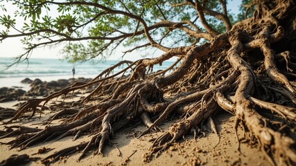 Fototapeta premium Dramatic Coastal Erosion, Tree Roots, Natural Light, 8K