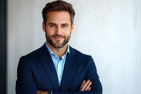 Smiling confident man with crossed arms wearing blue suit and light blue shirt standing against a plain light background