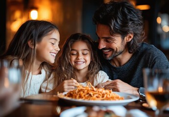 Smiling father and two daughters enjoying a meal of spaghetti together at a cozy restaurant