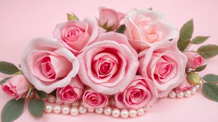 Fototapeta premium A lovely bouquet of delicate pink roses adorned with a st of lustrous pearls rests on a soft pink background.