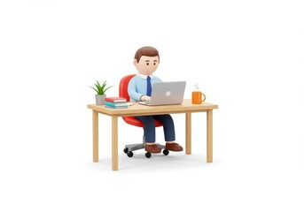 3D Illustration of Cartoon man working at desk with laptop books plant and coffee mug isolated on white background in 3d render